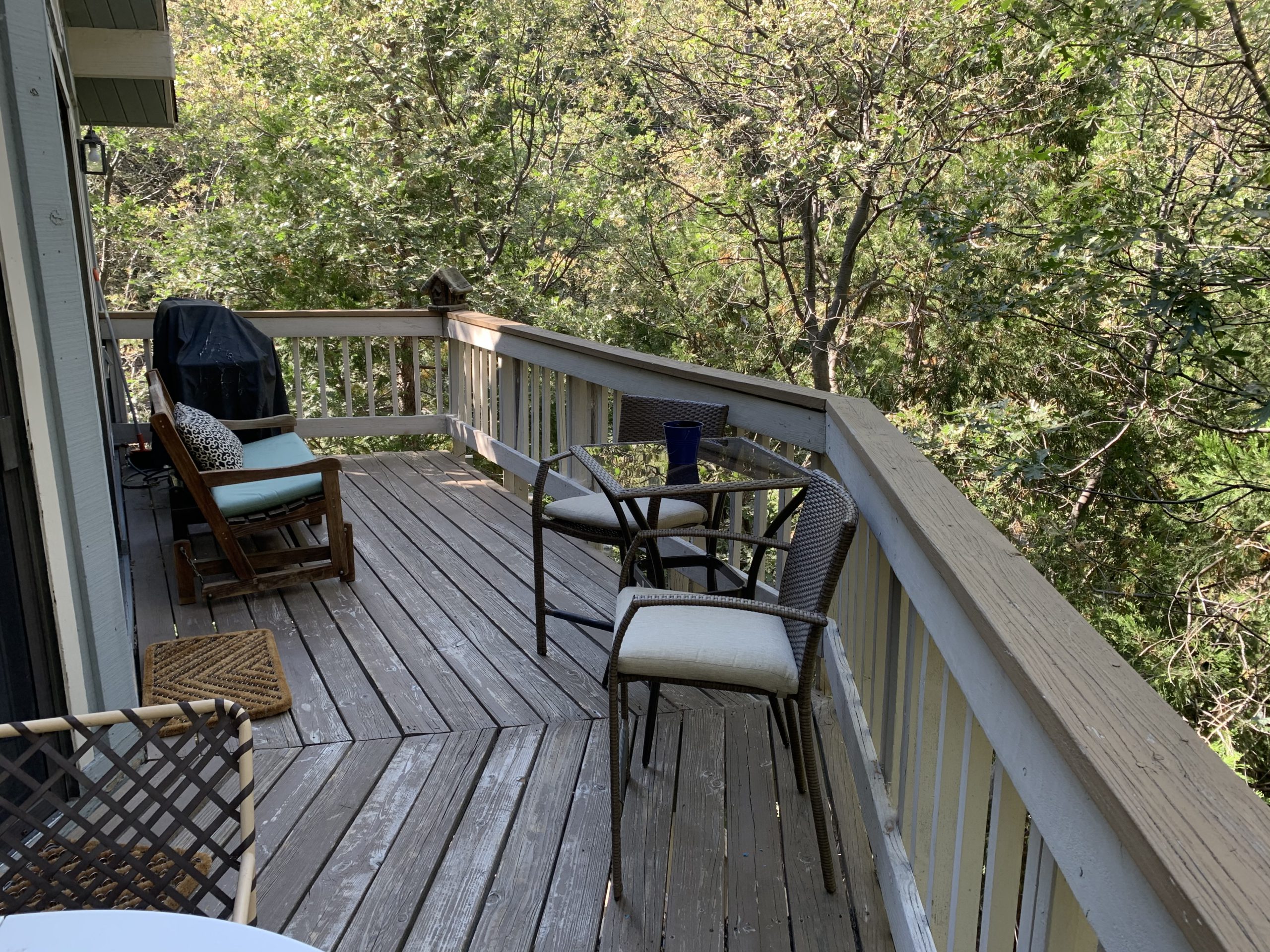 Upper deck with seating area and barbecue